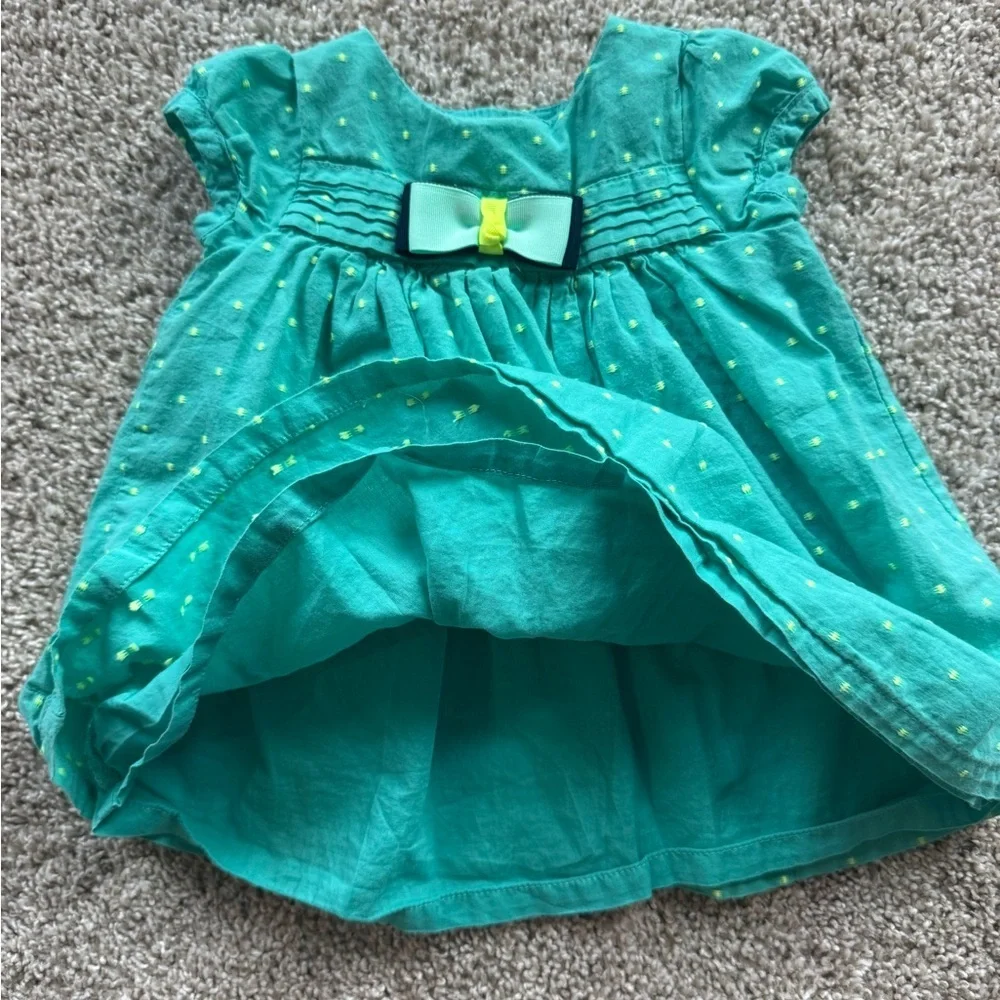 Baby Girl Teal Polka Dot Dress Bow Detail Short Sleeve sundress Size 3-6 months